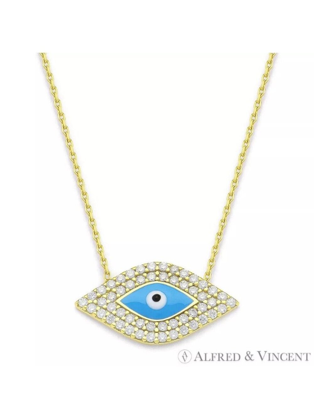 Evil Eye Bead Charm Necklace w/ CZ Crystals in .925 Sterling Silver w/18k YGold